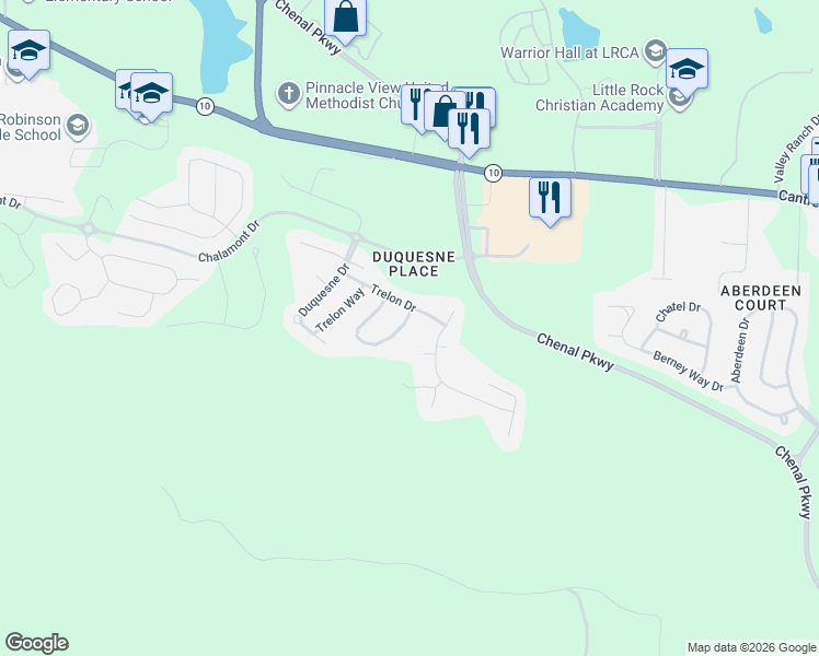 map of restaurants, bars, coffee shops, grocery stores, and more near 236 Trelon Circle in Little Rock