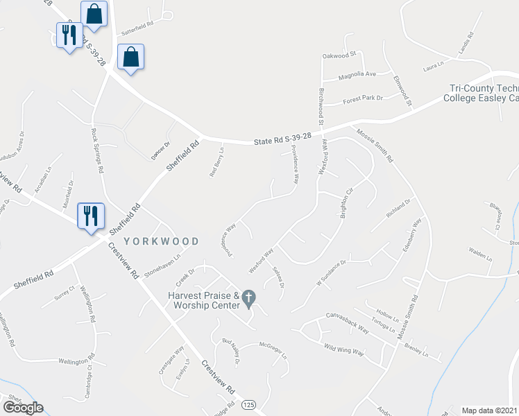 map of restaurants, bars, coffee shops, grocery stores, and more near 305 Providence Way in Easley