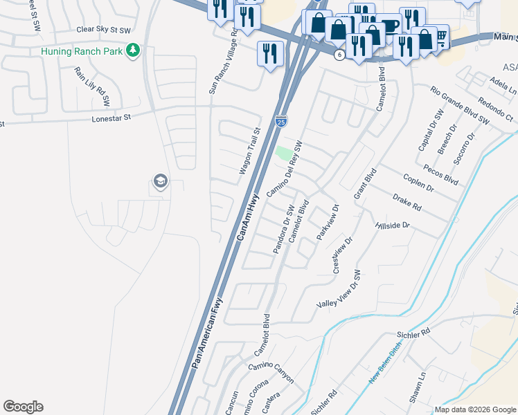 map of restaurants, bars, coffee shops, grocery stores, and more near 1127 Camino Del Rey Southwest in Los Lunas