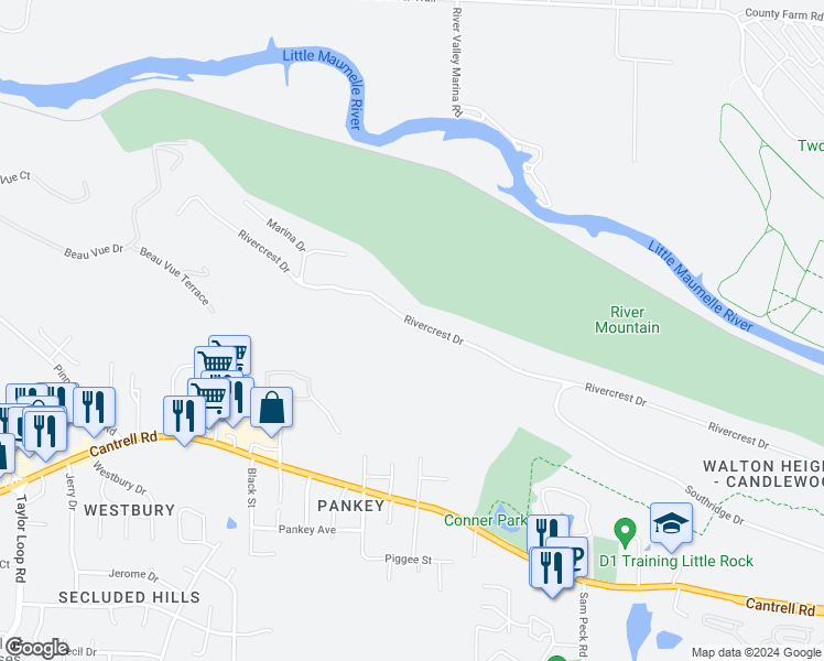 map of restaurants, bars, coffee shops, grocery stores, and more near 13441 Rivercrest Drive in Little Rock