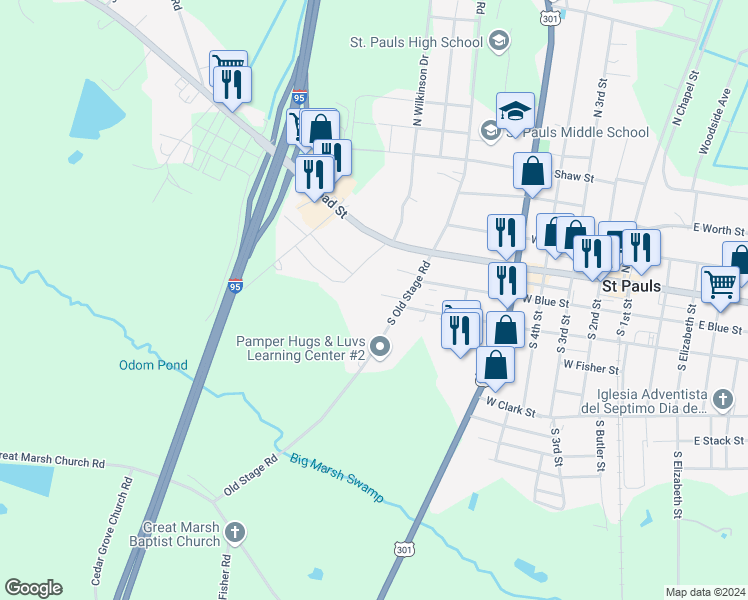 map of restaurants, bars, coffee shops, grocery stores, and more near 125 Duncan Circle in Saint Pauls