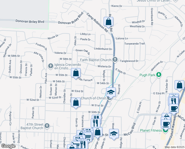 map of restaurants, bars, coffee shops, grocery stores, and more near 5504 Crescent Drive in North Little Rock
