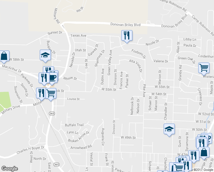 map of restaurants, bars, coffee shops, grocery stores, and more near 5501 Green Valley Avenue in North Little Rock