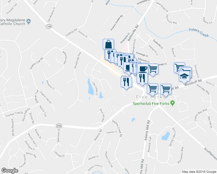 map of restaurants, bars, coffee shops, grocery stores, and more near 12 Shadowrock Court in Simpsonville