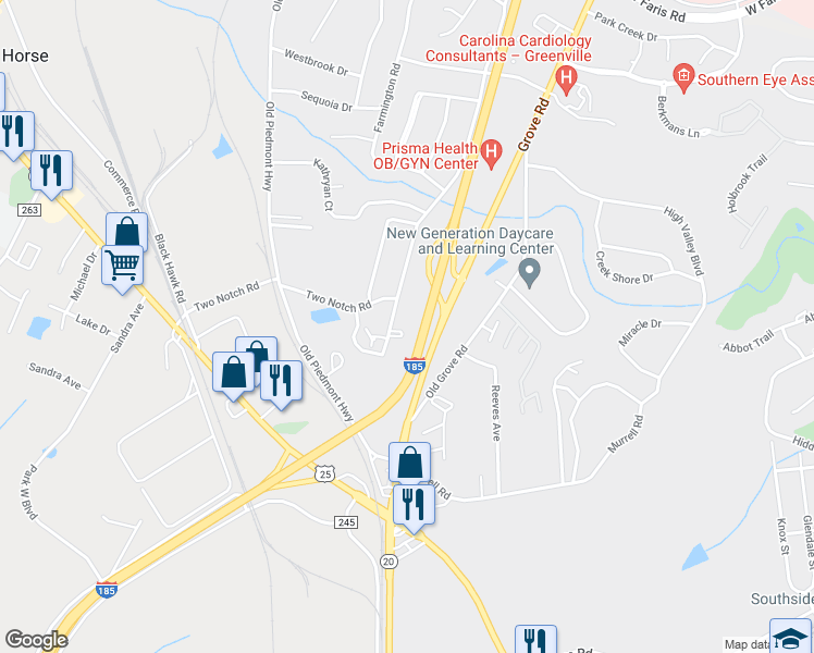 map of restaurants, bars, coffee shops, grocery stores, and more near 619 Bear Drive in Greenville
