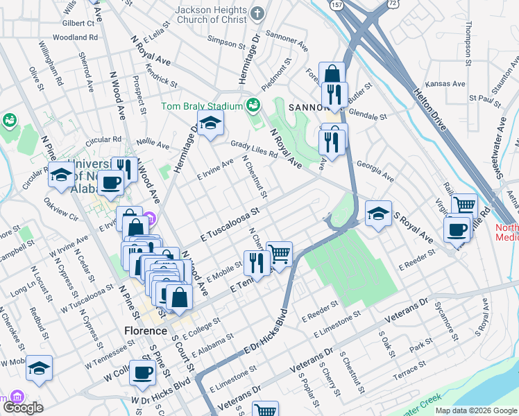 map of restaurants, bars, coffee shops, grocery stores, and more near 619b East Tuscaloosa Street in Florence