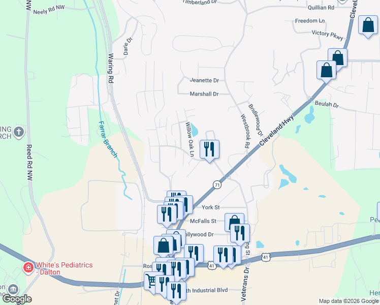 map of restaurants, bars, coffee shops, grocery stores, and more near 1701 White Oaks Lane in Dalton