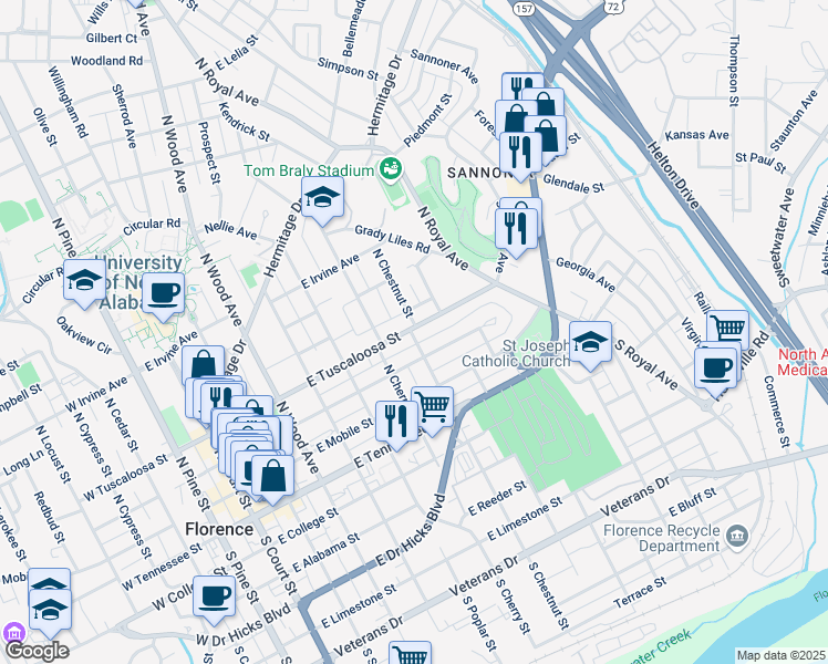 map of restaurants, bars, coffee shops, grocery stores, and more near 700 East Tuscaloosa Street in Florence