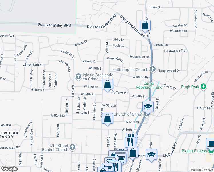 map of restaurants, bars, coffee shops, grocery stores, and more near 600 West 55th Street in North Little Rock