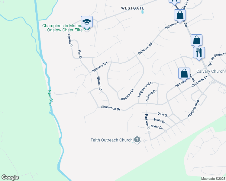 map of restaurants, bars, coffee shops, grocery stores, and more near 130 Raintree Circle in Jacksonville