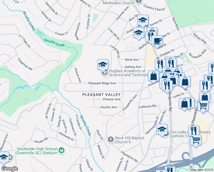 map of restaurants, bars, coffee shops, grocery stores, and more near 127 Pleasant Ridge Avenue in Greenville
