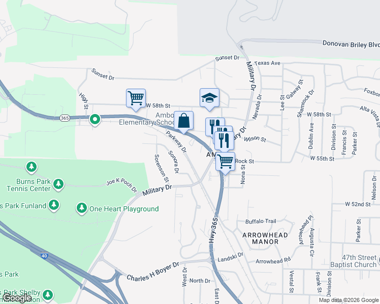 map of restaurants, bars, coffee shops, grocery stores, and more near 5513 Macarthur Drive in North Little Rock