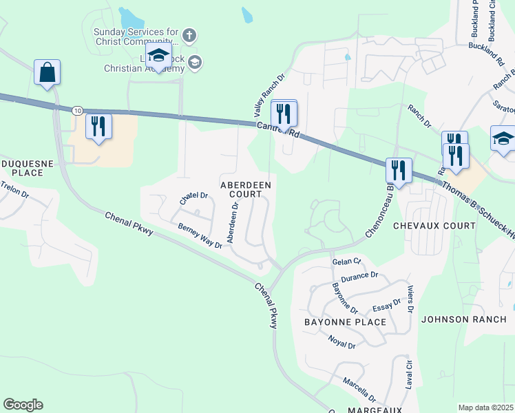 map of restaurants, bars, coffee shops, grocery stores, and more near 28 Aberdeen Drive in Little Rock
