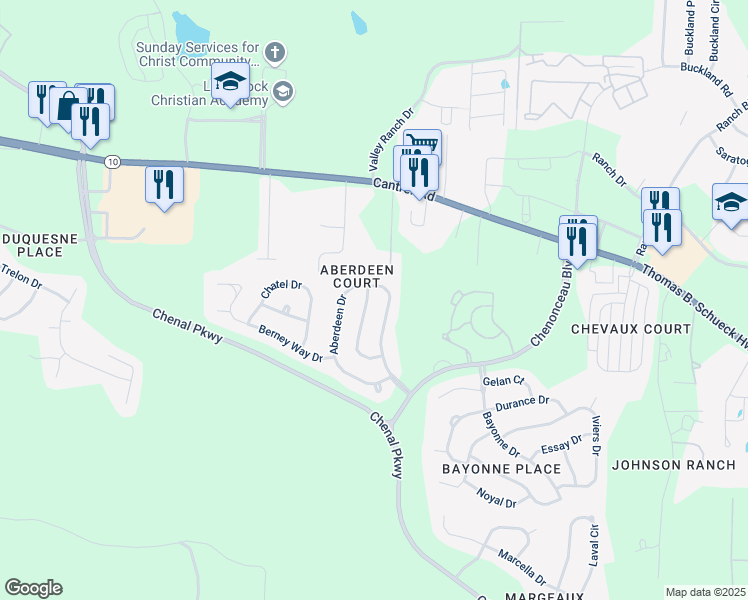 map of restaurants, bars, coffee shops, grocery stores, and more near 28 Aberdeen Drive in Little Rock