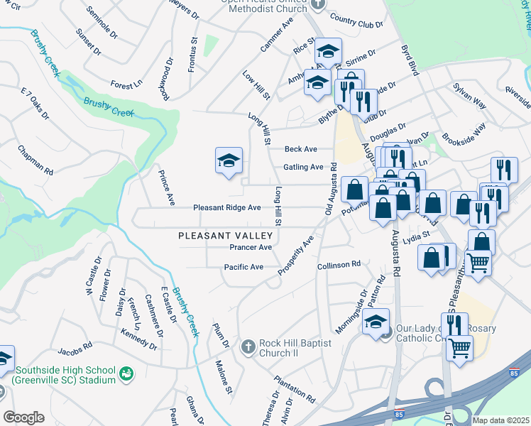 map of restaurants, bars, coffee shops, grocery stores, and more near 109 Pleasant Ridge Avenue in Greenville