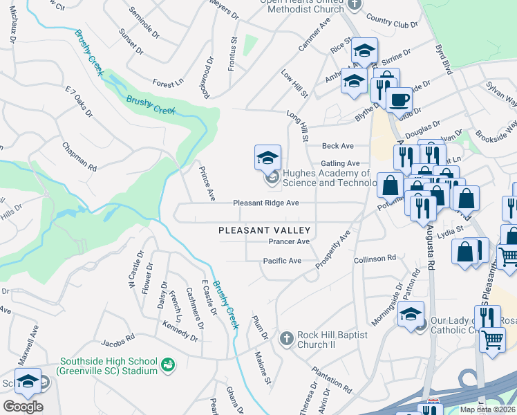 map of restaurants, bars, coffee shops, grocery stores, and more near 145 Pleasant Ridge Avenue in Greenville