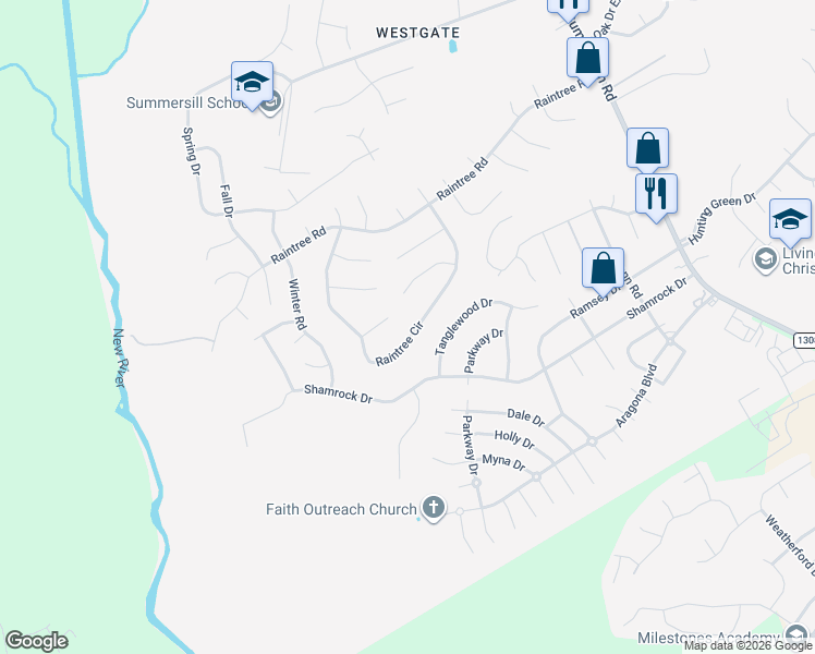 map of restaurants, bars, coffee shops, grocery stores, and more near 104 Broken Oak Court in Jacksonville