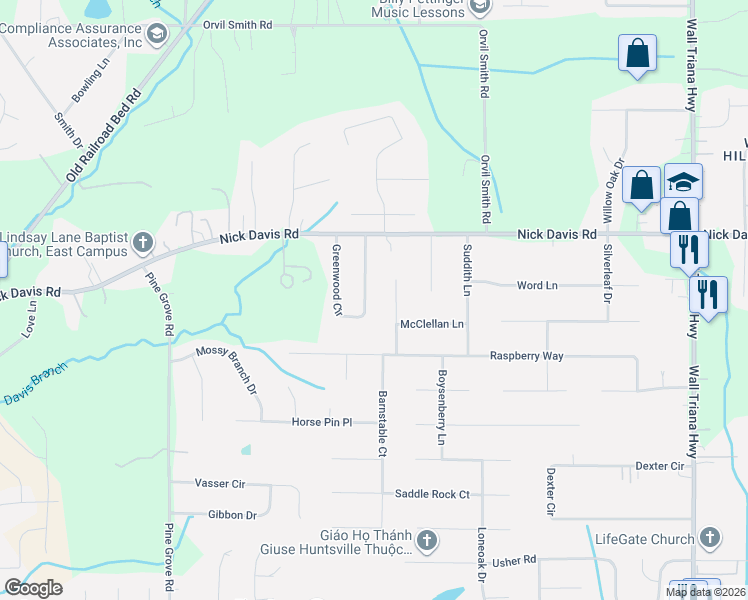 map of restaurants, bars, coffee shops, grocery stores, and more near 115 Greenwood Circle in Harvest