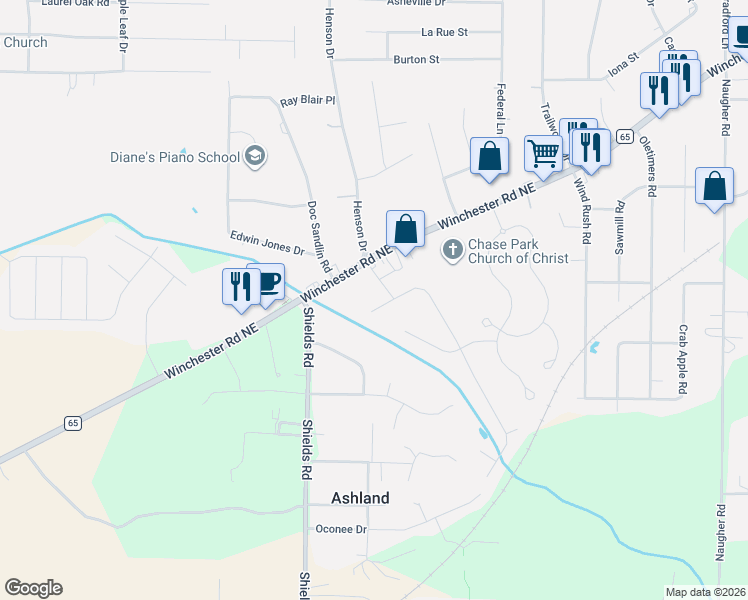 map of restaurants, bars, coffee shops, grocery stores, and more near 105 Patdean Drive in Huntsville