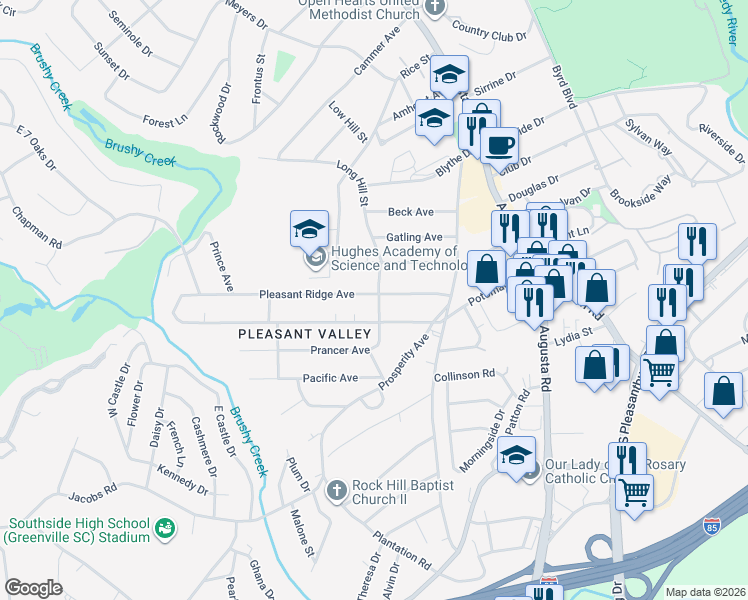map of restaurants, bars, coffee shops, grocery stores, and more near 109 Pleasant Ridge Avenue in Greenville