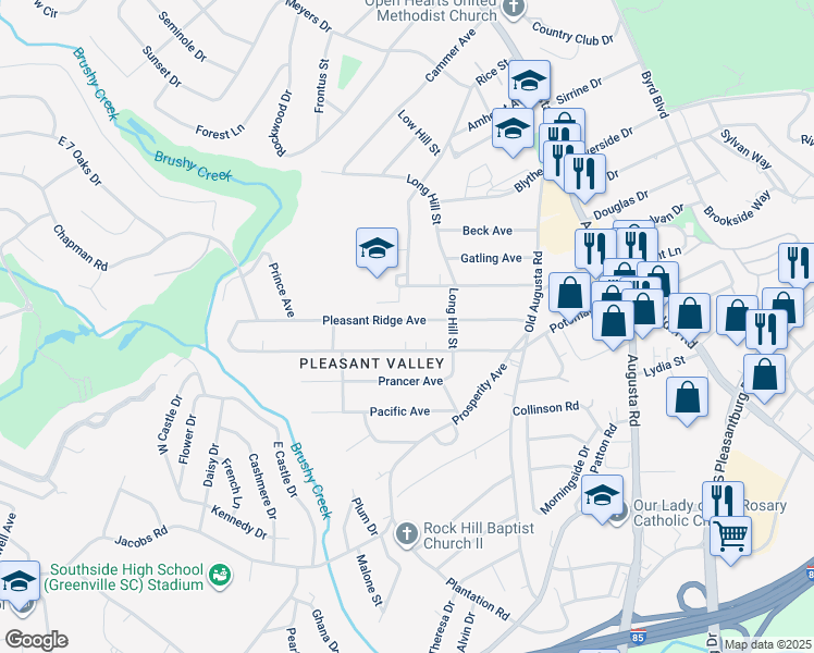 map of restaurants, bars, coffee shops, grocery stores, and more near 119 Pleasant Ridge Avenue in Greenville