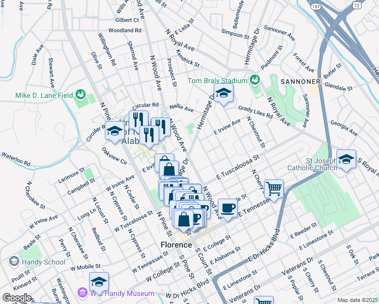 map of restaurants, bars, coffee shops, grocery stores, and more near 319 Hermitage Drive in Florence