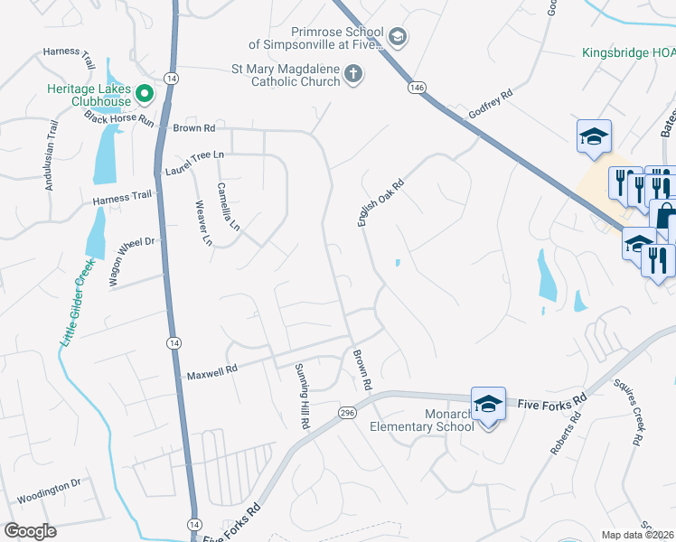 map of restaurants, bars, coffee shops, grocery stores, and more near 1 Somerleaf Way in Simpsonville