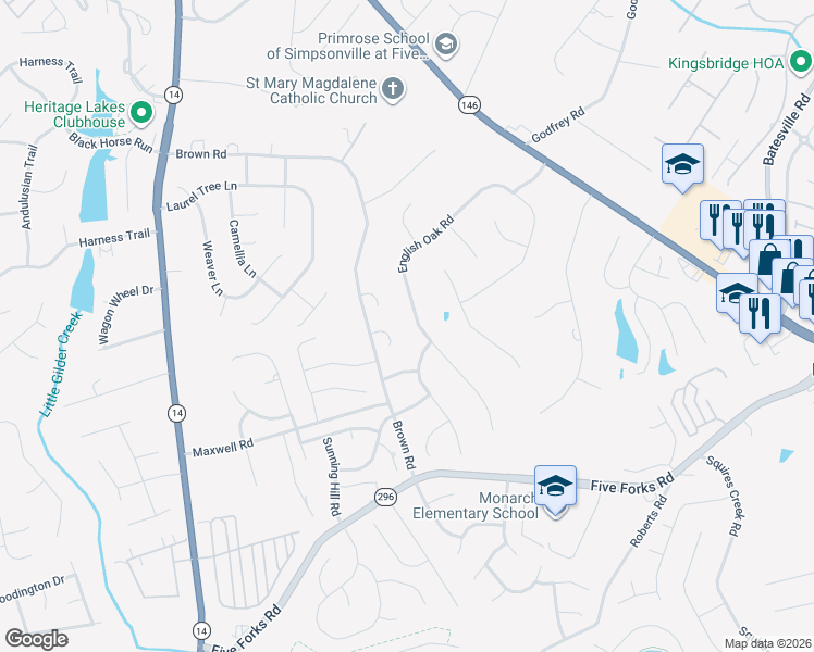 map of restaurants, bars, coffee shops, grocery stores, and more near 2 Bobcat Trail in Simpsonville