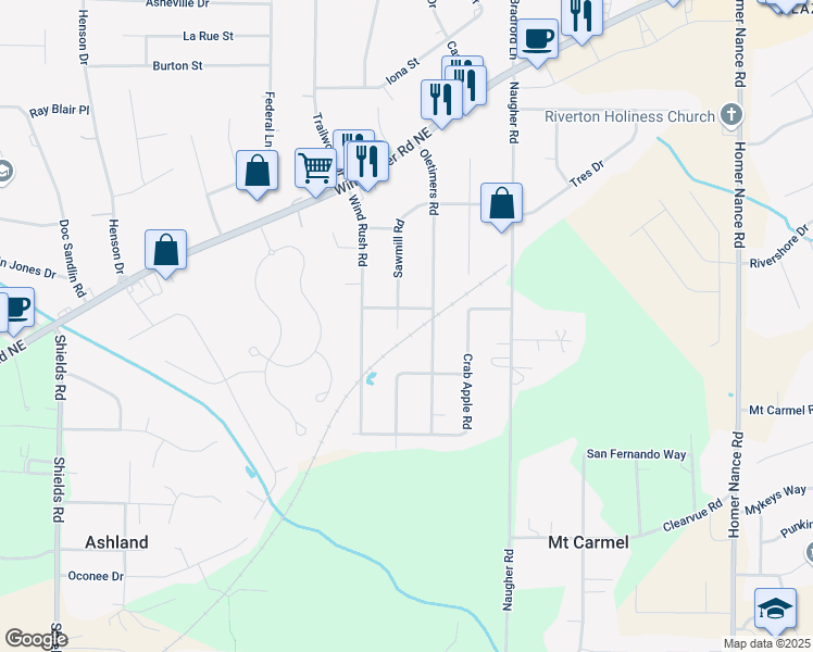map of restaurants, bars, coffee shops, grocery stores, and more near 232 Sawmill Road in Huntsville