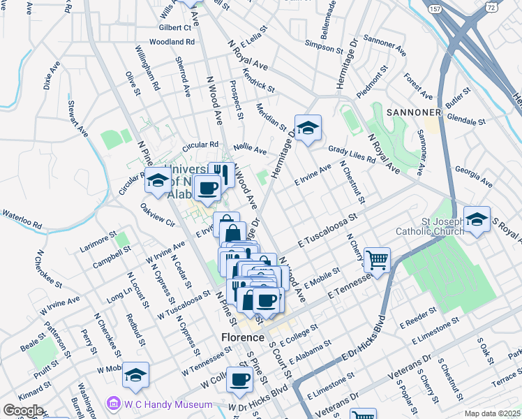 map of restaurants, bars, coffee shops, grocery stores, and more near 319 Hermitage Drive in Florence