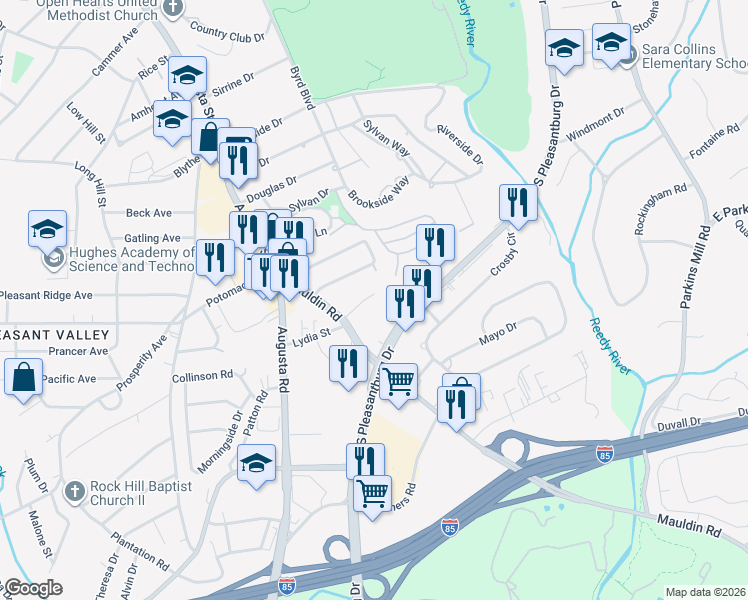 map of restaurants, bars, coffee shops, grocery stores, and more near 14 Post Oak Road in Greenville