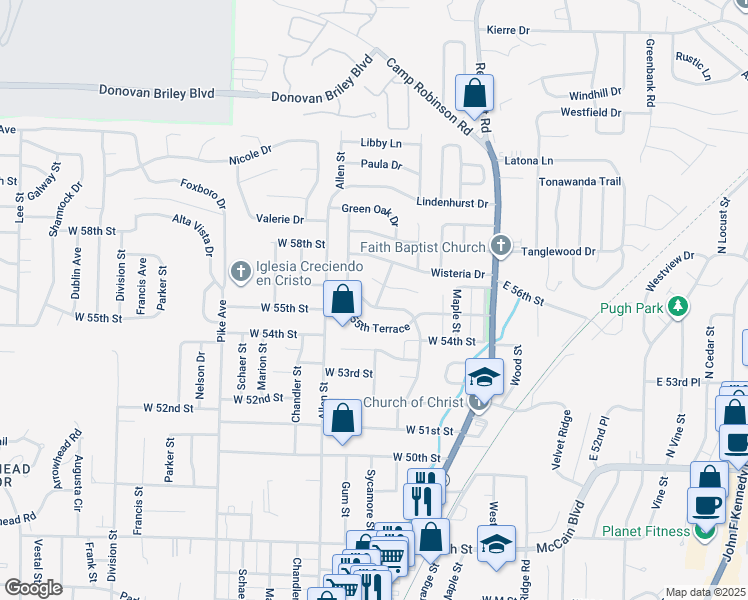 map of restaurants, bars, coffee shops, grocery stores, and more near 5501 Ridgewood Drive in North Little Rock