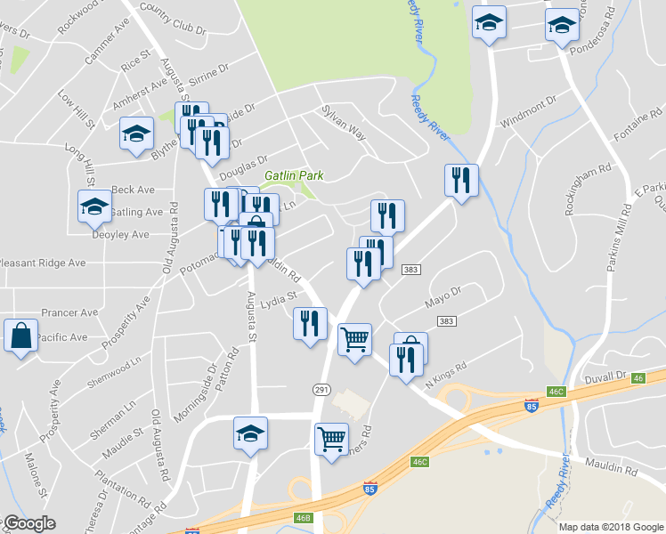 map of restaurants, bars, coffee shops, grocery stores, and more near 14 Post Oak Road in Greenville