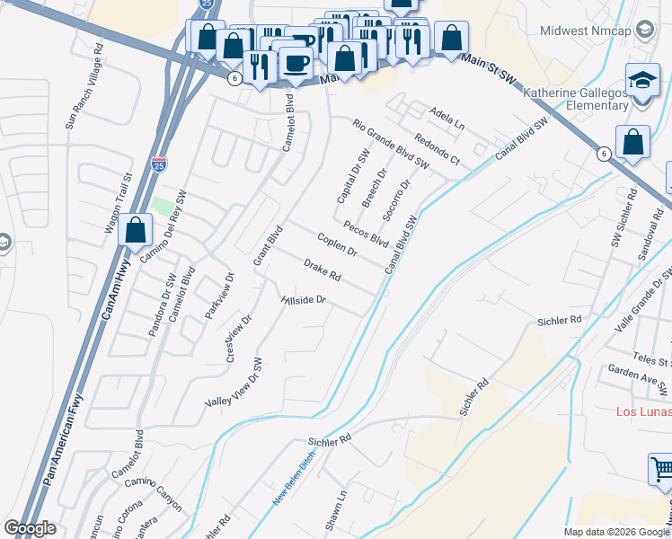 map of restaurants, bars, coffee shops, grocery stores, and more near 1320 Drake Road in Los Lunas