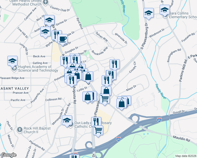 map of restaurants, bars, coffee shops, grocery stores, and more near 14 Post Oak Road in Greenville