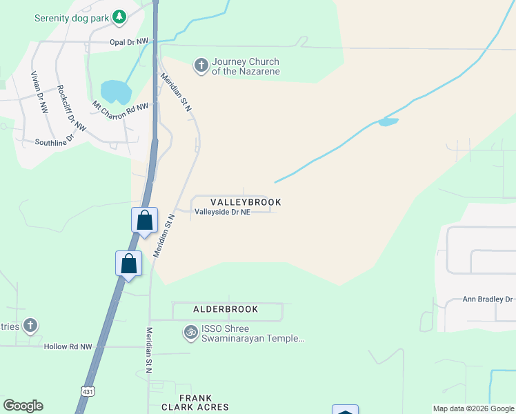 map of restaurants, bars, coffee shops, grocery stores, and more near 250 Valleyside Drive Northeast in Huntsville