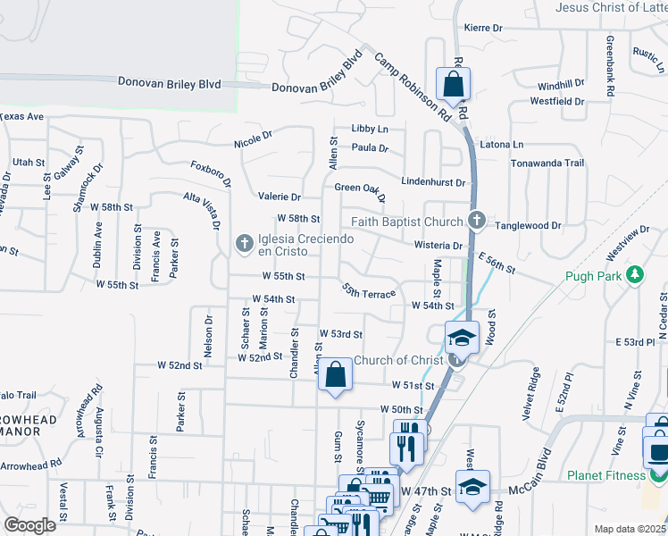 map of restaurants, bars, coffee shops, grocery stores, and more near 600 West 55th Street in North Little Rock