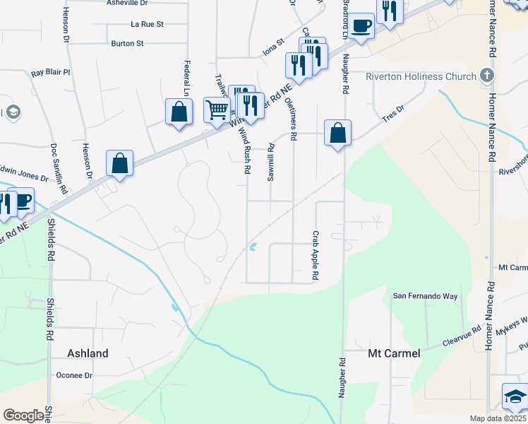 map of restaurants, bars, coffee shops, grocery stores, and more near 232 Sawmill Road in Huntsville