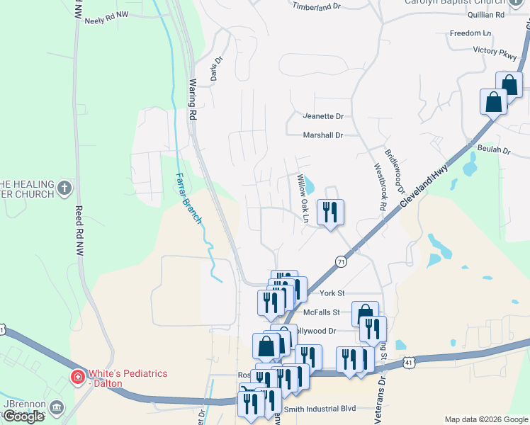 map of restaurants, bars, coffee shops, grocery stores, and more near 1698 North Summit Drive in Dalton