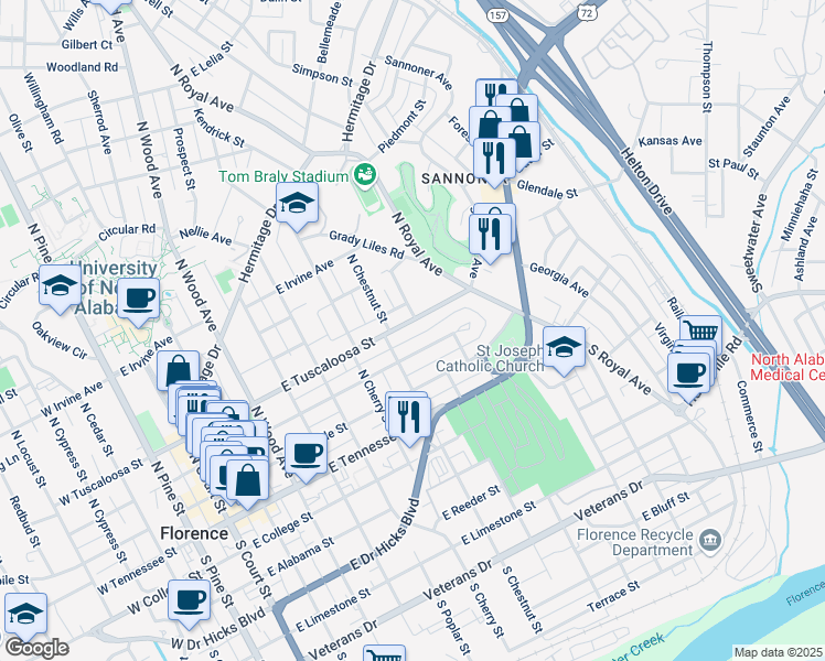 map of restaurants, bars, coffee shops, grocery stores, and more near 700-798 E Tuscaloosa St in Florence