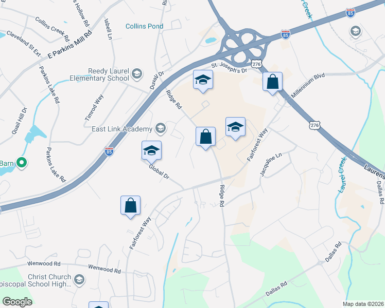 map of restaurants, bars, coffee shops, grocery stores, and more near 1280 Ridge Road in Greenville