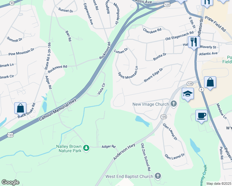 map of restaurants, bars, coffee shops, grocery stores, and more near 121 Buck Hill Way in Easley