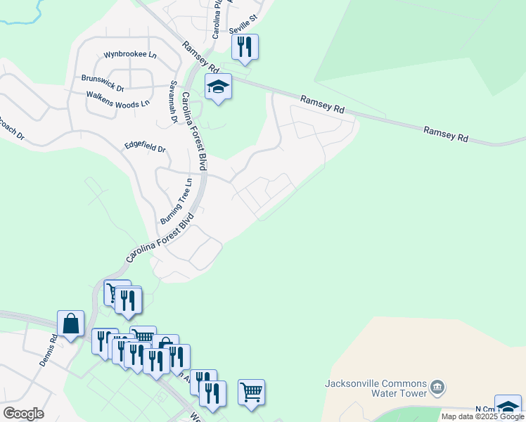 map of restaurants, bars, coffee shops, grocery stores, and more near 108 Streamwood Drive in Jacksonville