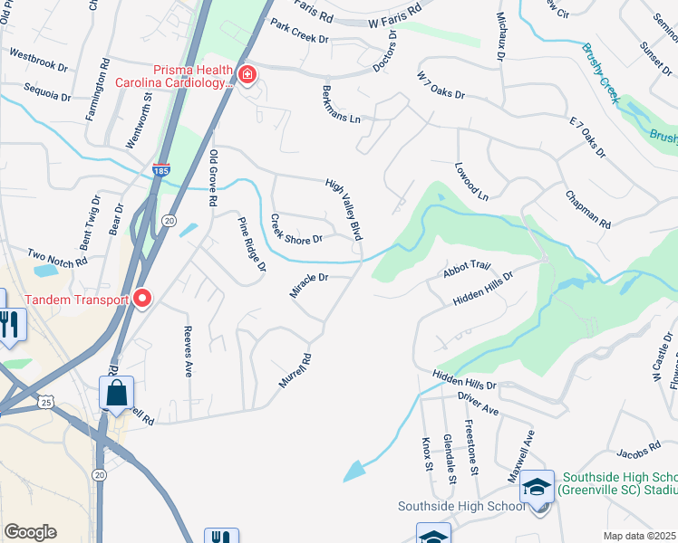 map of restaurants, bars, coffee shops, grocery stores, and more near 4 Miracle Drive in Greenville