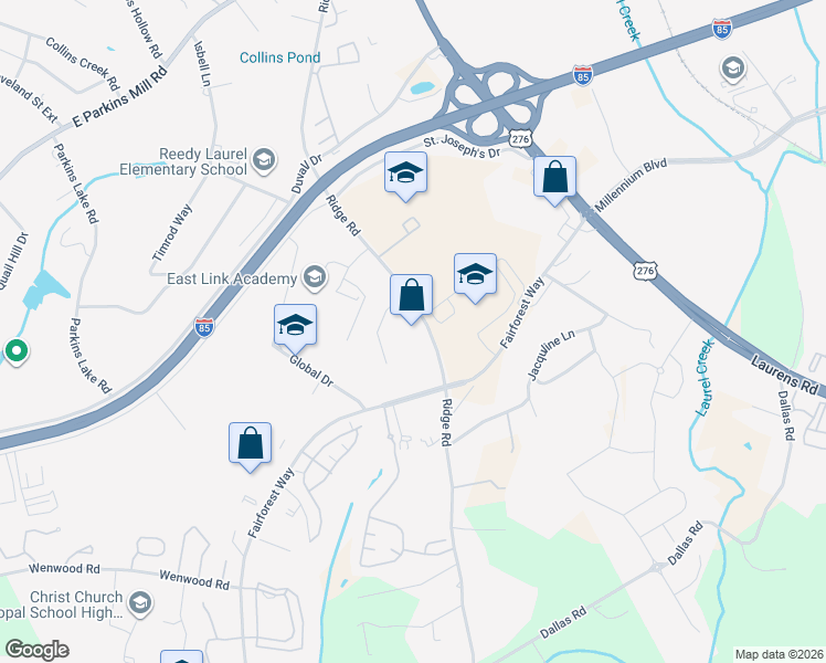 map of restaurants, bars, coffee shops, grocery stores, and more near 1280 Ridge Road in Greenville