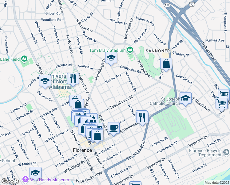 map of restaurants, bars, coffee shops, grocery stores, and more near 418 North Poplar Street in Florence