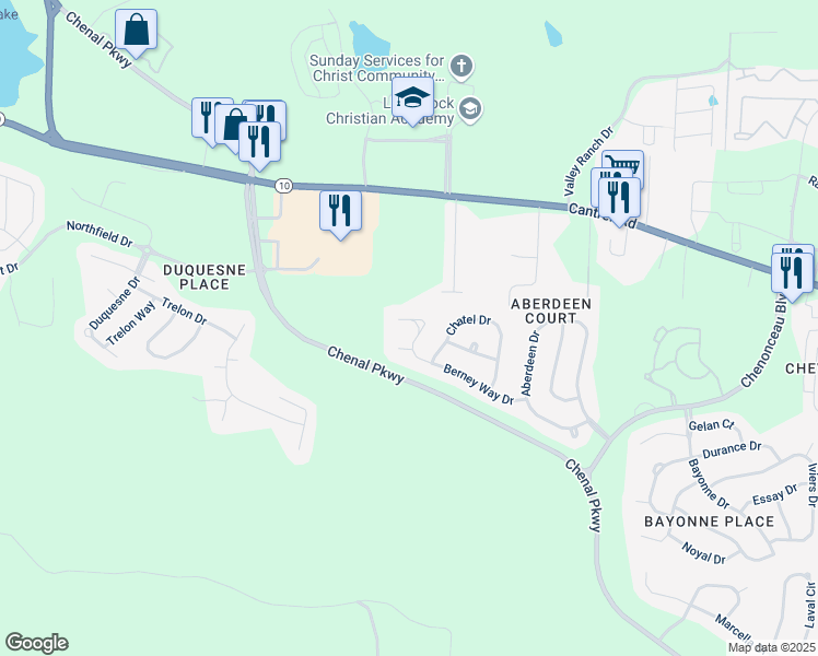 map of restaurants, bars, coffee shops, grocery stores, and more near 6 Berney Way Court in Little Rock
