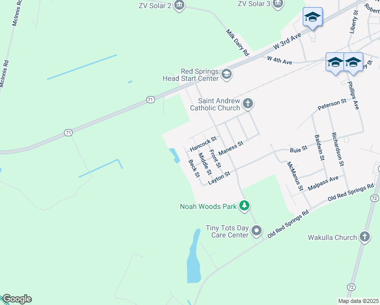 map of restaurants, bars, coffee shops, grocery stores, and more near 51 Beck Street in Red Springs