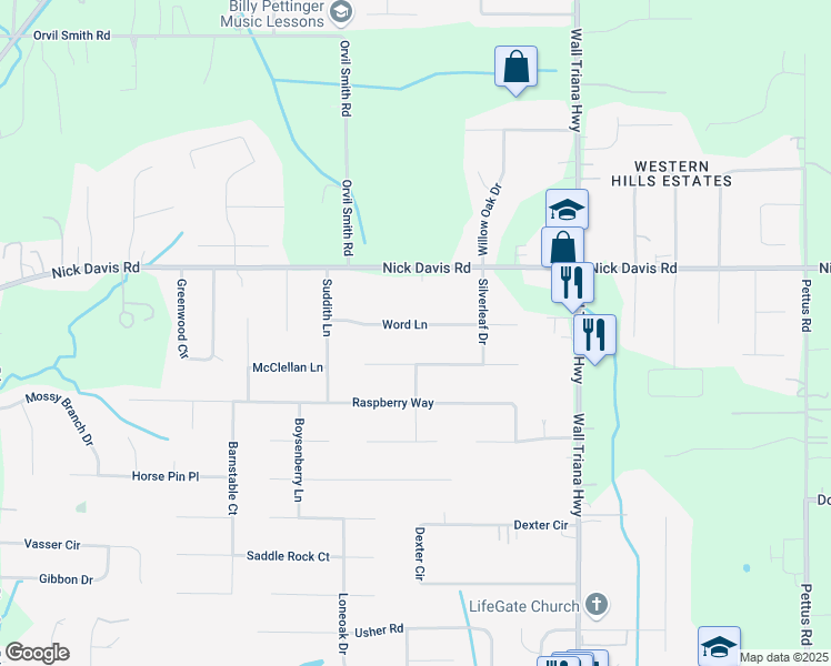 map of restaurants, bars, coffee shops, grocery stores, and more near 114 Word Lane in Harvest