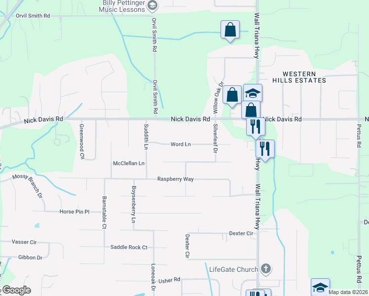 map of restaurants, bars, coffee shops, grocery stores, and more near 114 Word Lane in Harvest